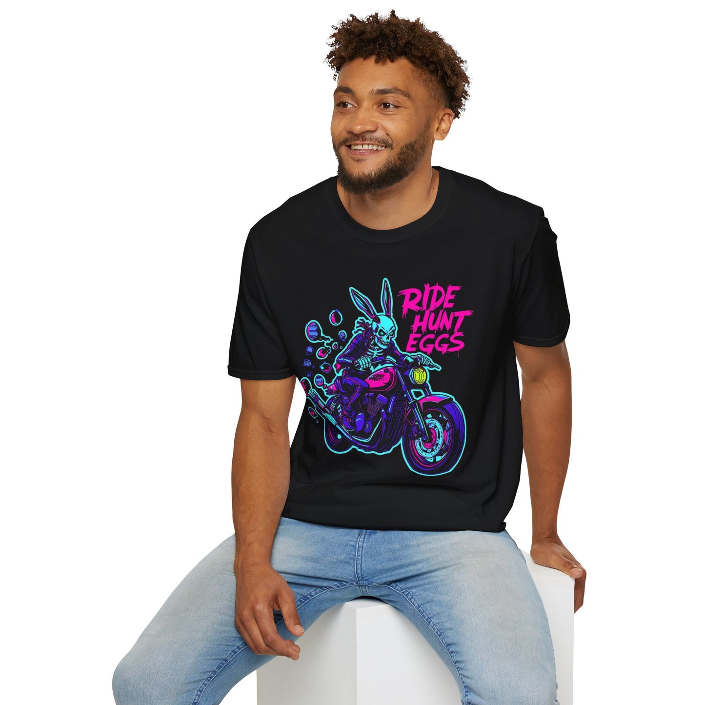Tazz Wear - Ride Hunt Eggs Motorcycle Rabbit T‑Shirt - Flourescent colours